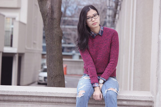 Lila Pullover mit einem Rundhalsausschnitt kombinieren – 15 Damen Outfits
