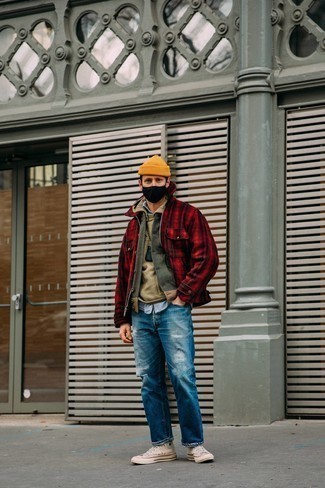 Rote Harrington-Jacke kombinieren – 7 Herren Outfits kühl Wetter