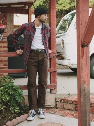 Rotes Flanell Langarmhemd mit Schottenmuster kombinieren – 27 Herren Outfits