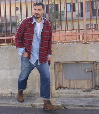 Rotes Flanell Langarmhemd mit Schottenmuster kombinieren – 27 Herren Outfits