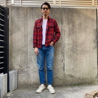 Rotes Flanell Langarmhemd mit Schottenmuster kombinieren – 27 Herren Outfits