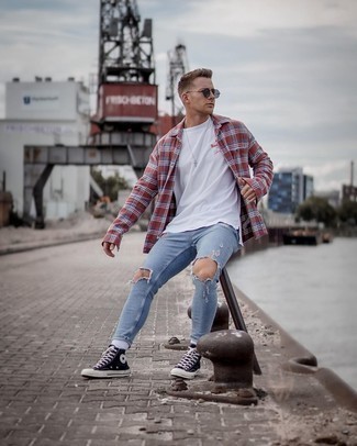 Rotes Flanell Langarmhemd mit Schottenmuster kombinieren – 27 Herren Outfits