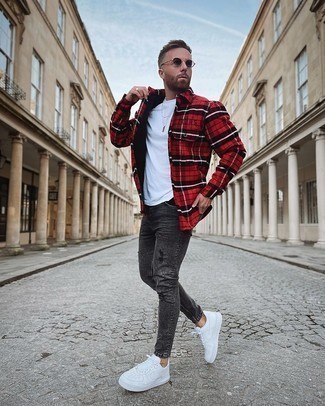 Rotes Flanell Langarmhemd mit Schottenmuster kombinieren – 27 Herren Outfits