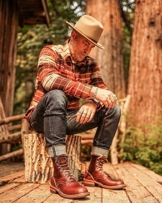 Rotes Flanell Langarmhemd mit Schottenmuster kombinieren – 27 Herren Outfits
