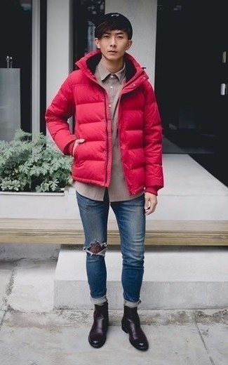 Welche Jeans mit roter Daunenjacke zu tragen – 17 Herren Outfits