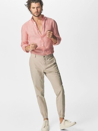 rosa vertikal gestreiftes Leinen Langarmhemd von Ralph Lauren Collection