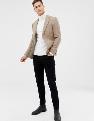 Wolljacke kombinieren – 500+ Smart-Casual Herren Outfits warm Wetter: Kombinieren Sie eine Wolljacke mit schwarzen Jeans, um einen eleganten, aber nicht zu festlichen Look zu kreieren. Fühlen Sie sich ideenreich? Ergänzen Sie Ihr Outfit mit schwarzen Chelsea Boots aus Leder.