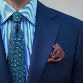 Blaues vertikal gestreiftes Sakko kombinieren – 227 Herren Outfits: Vereinigen Sie ein blaues vertikal gestreiftes Sakko mit einem türkisen vertikal gestreiften Businesshemd für einen für die Arbeit geeigneten Look.
