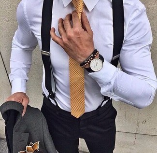 dunkelgraues Sakko, weißes Businesshemd, schwarze Anzughose, gelbe gepunktete Krawatte für Herren
