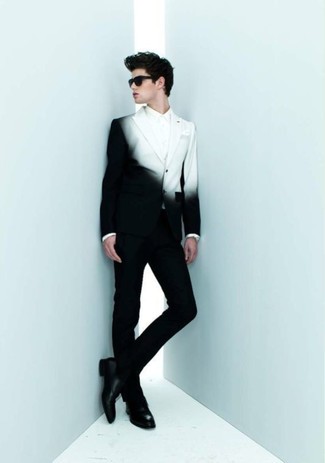 Schwarze Doppelmonks kombinieren – 407 Herren Outfits: Kombinieren Sie ein schwarzes und weißes Sakko mit Farbverlauf mit einer schwarzen Anzughose für eine klassischen und verfeinerte Silhouette. Schwarze Doppelmonks sind eine gute Wahl, um dieses Outfit zu vervollständigen.