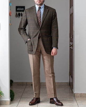 Dunkelbraunes Wollsakko kombinieren – 500+ Herren Outfits: Kombinieren Sie ein dunkelbraunes Wollsakko mit einer beige Anzughose für eine klassischen und verfeinerte Silhouette. Dunkelbraune Doppelmonks aus Leder sind eine großartige Wahl, um dieses Outfit zu vervollständigen.