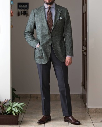 Wie Anzughose mit Chelsea Boots zu kombinieren – 444 Herren Outfits: Kombinieren Sie ein dunkelgrünes Wollsakko mit einer Anzughose für eine klassischen und verfeinerte Silhouette. Fühlen Sie sich ideenreich? Entscheiden Sie sich für Chelsea Boots.
