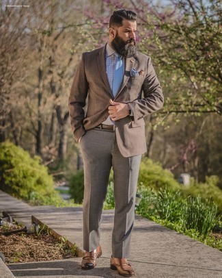 Braunes Wollsakko kombinieren – 500+ Herren Outfits: Kombinieren Sie ein braunes Wollsakko mit einer braunen Anzughose für eine klassischen und verfeinerte Silhouette. Bringen Sie die Dinge durcheinander, indem Sie braunen Leder Brogues mit diesem Outfit tragen.