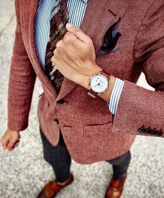 Rote und dunkelblaue horizontal gestreifte Krawatte kombinieren – 276 Herren Outfits: Entscheiden Sie sich für ein dunkelrotes Sakko und eine rote und dunkelblaue horizontal gestreifte Krawatte für einen stilvollen, eleganten Look. Ergänzen Sie Ihr Look mit rotbraunen Doppelmonks aus Leder.