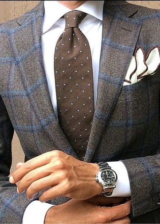 Braune gepunktete Krawatte kombinieren – 189 Herren Outfits: Tragen Sie ein dunkelbraunes Wollsakko mit Karomuster und eine braune gepunktete Krawatte für eine klassischen und verfeinerte Silhouette.