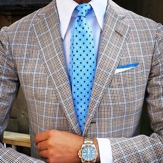 Hellblaue Krawatte kombinieren – 188 Herren Outfits: Etwas Einfaches wie die Wahl von einem grauen Sakko mit Schottenmuster und einer hellblauen Krawatte kann Sie von der Menge abheben.