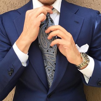 Krawatte mit Paisley-Muster kombinieren – 467 Herren Outfits: Vereinigen Sie ein dunkelblaues Sakko mit einer Krawatte mit Paisley-Muster, um vor Klasse und Perfektion zu strotzen.