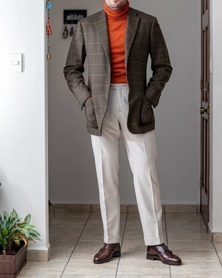 30 Jährige: Welche Sakkos mit dunkelbrauner Doppelmonks zu tragen – 326 Herren Outfits: Vereinigen Sie ein Sakko mit einer weißen Anzughose für einen stilvollen, eleganten Look. Dunkelbraune Doppelmonks sind eine kluge Wahl, um dieses Outfit zu vervollständigen.