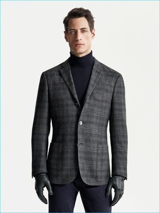 Graues Wollsakko mit Schottenmuster kombinieren – 131 Herren Outfits: Entscheiden Sie sich für ein graues Wollsakko mit Schottenmuster und eine dunkelblaue Anzughose für eine klassischen und verfeinerte Silhouette.