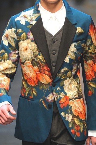 dunkeltürkises Sakko mit Blumenmuster, dunkelgraue Weste, weißes Businesshemd, dunkelgraue Anzughose für Herren