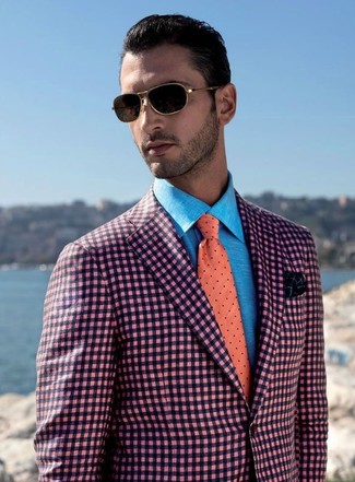 rosa Sakko mit Vichy-Muster, türkises Businesshemd, orange gepunktete Krawatte, schwarzes Baumwolle Einstecktuch für Herren