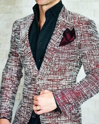 Dunkelrotes Seide Einstecktuch kombinieren – 29 Herren Outfits: Kombinieren Sie ein rotes Tweed Sakko mit einem dunkelroten Seide Einstecktuch für einen entspannten Wochenend-Look.