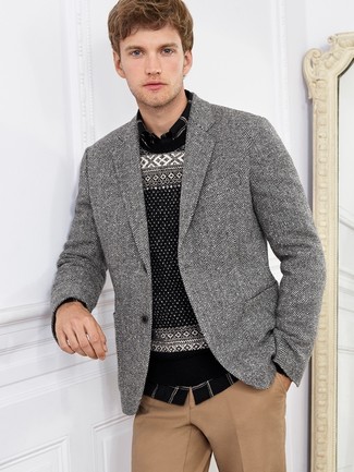 schwarzer und weißer Pullover mit einem Rundhalsausschnitt mit Norwegermuster von Threadbare