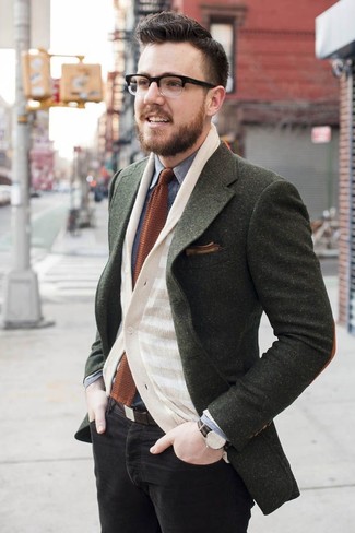 Braune Strick Krawatte kombinieren – 135 Herren Outfits: Entscheiden Sie sich für ein olivgrünes Wollsakko und eine braune Strick Krawatte für eine klassischen und verfeinerte Silhouette.