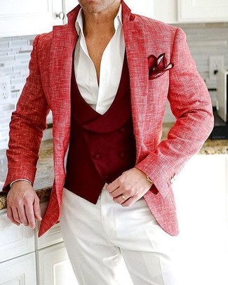 Rotes Sakko kombinieren – 345 Herren Outfits: Kombinieren Sie ein rotes Sakko mit einer weißen Anzughose, um vor Klasse und Perfektion zu strotzen.