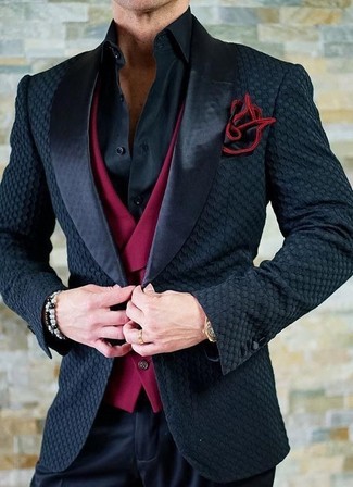schwarzes Satinsakko, rote Weste, schwarzes Businesshemd, schwarze Anzughose für Herren