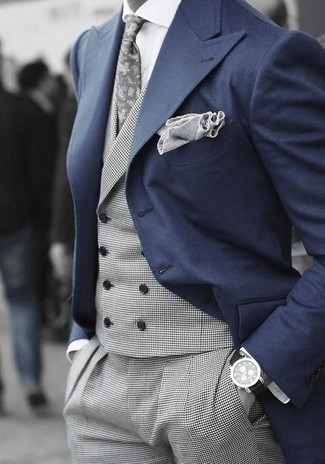 dunkelblaues Sakko, graue Weste, weißes Businesshemd, graue Anzughose für Herren