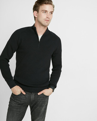 Pullover mit einem Reißverschluss am Kragen kombinieren – 347 Herren Outfits: Kombinieren Sie einen Pullover mit einem Reißverschluss am Kragen mit schwarzen Jeans für ein Alltagsoutfit, das Charakter und Persönlichkeit ausstrahlt.