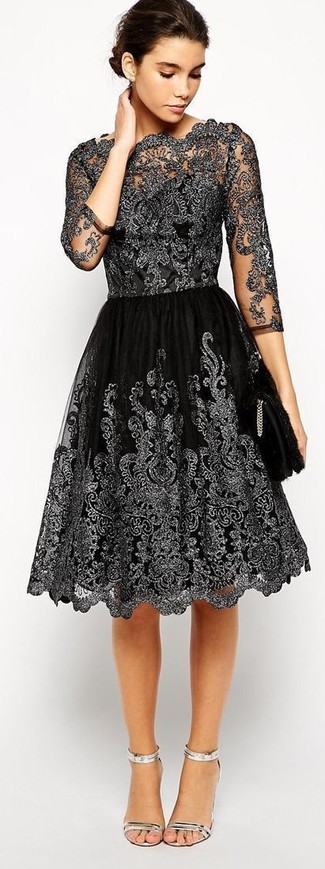 schwarzes ausgestelltes Kleid aus Spitze von Asos