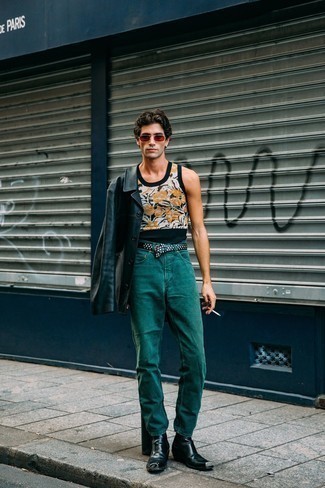 Trägershirt kombinieren – 500+ Herren Outfits: Kombinieren Sie ein Trägershirt mit dunkelgrünen Jeans für einen entspannten Wochenend-Look. Schwarze Chelsea Boots aus Leder bringen Eleganz zu einem ansonsten schlichten Look.