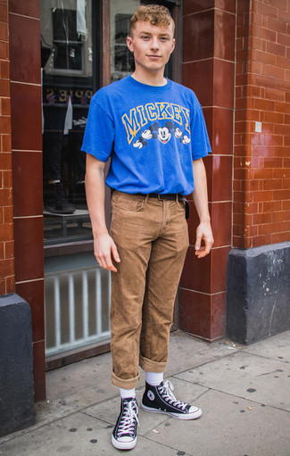 blaues bedrucktes T-Shirt mit einem Rundhalsausschnitt von BLEND