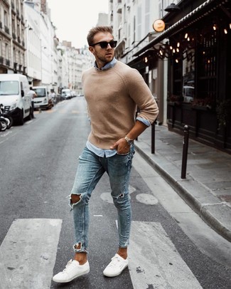 Beige Pullover mit einem Rundhalsausschnitt kombinieren – 832+ Herren Outfits