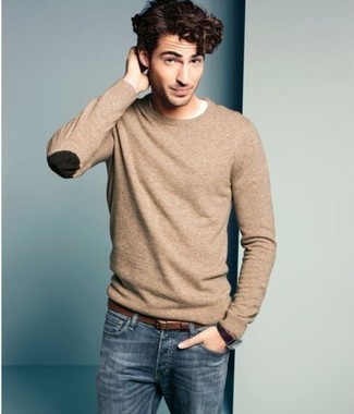 Beige Pullover mit einem Rundhalsausschnitt kombinieren – 832+ Herren Outfits