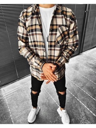 Beige Flanell Langarmhemd mit Schottenmuster kombinieren – 17 Herren Outfits