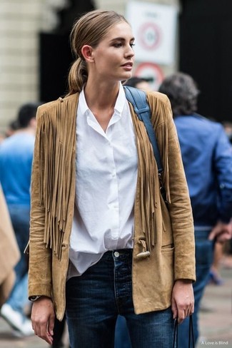 Beige Wildleder Bikerjacke kombinieren – 15 Damen Outfits