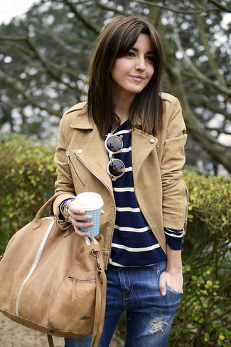 Beige Wildleder Bikerjacke kombinieren – 15 Damen Outfits