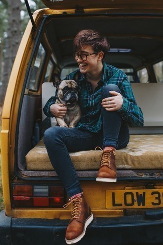 Dunkeltürkises Langarmhemd mit Schottenmuster kombinieren – 102 Herren Outfits