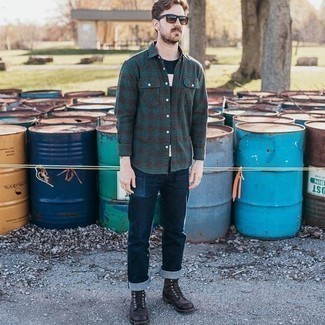Dunkeltürkises Langarmhemd mit Schottenmuster kombinieren – 102 Herren Outfits