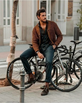 Dunkeltürkises Langarmhemd mit Schottenmuster kombinieren – 102 Herren Outfits