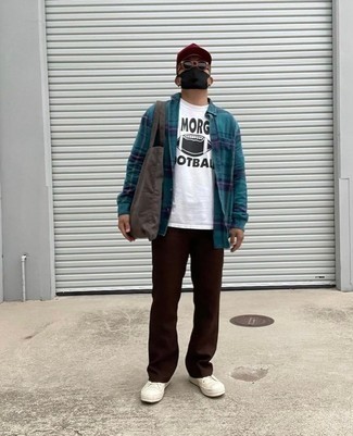 Dunkeltürkises Langarmhemd mit Schottenmuster kombinieren – 102 Herren Outfits