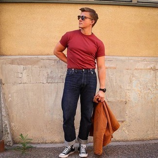 Welche T-Shirts mit einem Rundhalsausschnitt mit rotbrauner Shirtjacke zu tragen – 287 Herren Outfits