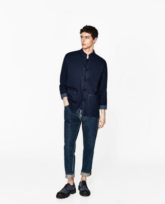 dunkelblaues Chambray Langarmhemd von ONLY & SONS