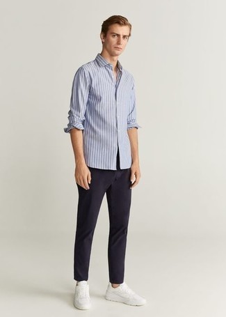 hellblaues vertikal gestreiftes Langarmhemd von CK Calvin Klein