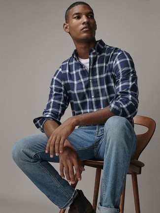 dunkelblaues und weißes Langarmhemd mit Schottenmuster von Calvin Klein 205W39nyc