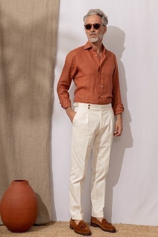 orange Leinen Langarmhemd von 120% Lino