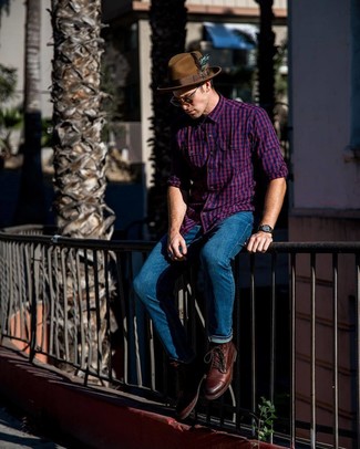 Violettes Langarmhemd mit Vichy-Muster kombinieren – 16 Herren Outfits
